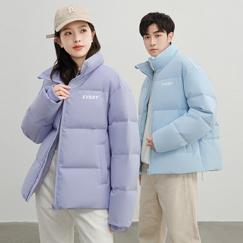 鸭鸭（YAYA）【王一博同款】情侣款羽绒服冬季立领短款时尚保暖显瘦面包服外套 浅蓝色 S 【110斤以内】