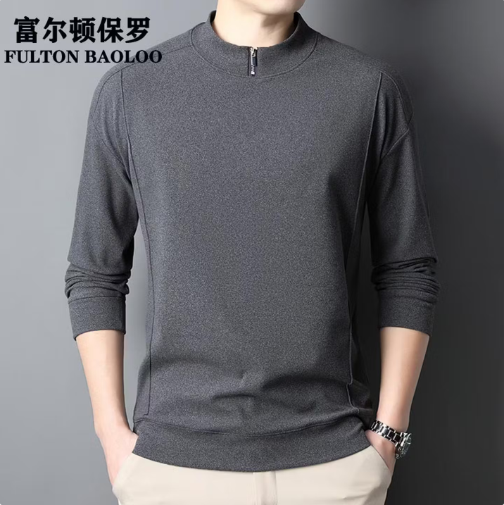 FULTON BAOLOO 富尔顿保罗男士德绒长袖T恤秋冬季半拉链纯色百搭体恤衫中青年韩版潮流打底 灰色 L （建议120到140斤穿）